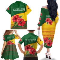 Zimbabwe Flag Map and Red Hibiscus Flowers Family Matching Off The Shoulder Long Sleeve Dress and Hawaiian Shirt with African Tribal Pattern