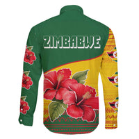 Zimbabwe Flag Map and Red Hibiscus Flowers Family Matching Off The Shoulder Long Sleeve Dress and Hawaiian Shirt with African Tribal Pattern