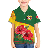 Zimbabwe Flag Map and Red Hibiscus Flowers Family Matching Short Sleeve Bodycon Dress and Hawaiian Shirt with African Tribal Pattern