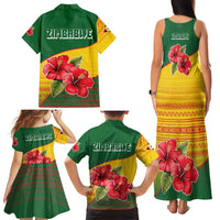 Zimbabwe Flag Map and Red Hibiscus Flowers Family Matching Tank Maxi Dress and Hawaiian Shirt with African Tribal Pattern