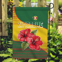 Zimbabwe Flag Map and Red Hibiscus Flowers Garden Flag with African Tribal Pattern