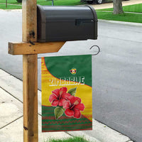 Zimbabwe Flag Map and Red Hibiscus Flowers Garden Flag with African Tribal Pattern