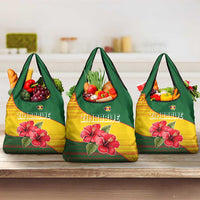 Zimbabwe Flag Map and Red Hibiscus Flowers Grocery Bag with African Tribal Pattern