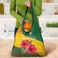 Zimbabwe Flag Map and Red Hibiscus Flowers Grocery Bag with African Tribal Pattern