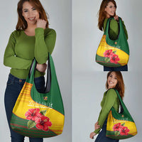 Zimbabwe Flag Map and Red Hibiscus Flowers Grocery Bag with African Tribal Pattern
