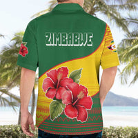 Zimbabwe Flag Map and Red Hibiscus Flowers Hawaiian Shirt with African Tribal Pattern