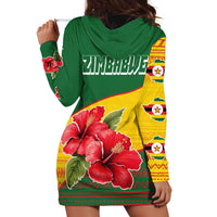 Zimbabwe Flag Map and Red Hibiscus Flowers Hoodie Dress with African Tribal Pattern