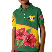 Zimbabwe Flag Map and Red Hibiscus Flowers Kid Polo Shirt with African Tribal Pattern