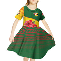 Zimbabwe Flag Map and Red Hibiscus Flowers Kid Short Sleeve Dress with African Tribal Pattern