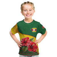 Zimbabwe Flag Map and Red Hibiscus Flowers Kid T Shirt with African Tribal Pattern