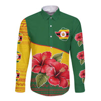 Zimbabwe Flag Map and Red Hibiscus Flowers Long Sleeve Button Shirt with African Tribal Pattern