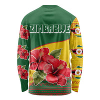 Zimbabwe Flag Map and Red Hibiscus Flowers Long Sleeve Shirt with African Tribal Pattern
