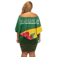 Zimbabwe Flag Map and Red Hibiscus Flowers Off Shoulder Short Dress with African Tribal Pattern