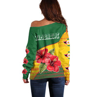 Zimbabwe Flag Map and Red Hibiscus Flowers Off Shoulder Sweater with African Tribal Pattern