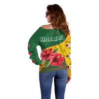 Zimbabwe Flag Map and Red Hibiscus Flowers Off Shoulder Sweater with African Tribal Pattern