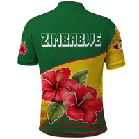 Zimbabwe Flag Map and Red Hibiscus Flowers Polo Shirt with African Tribal Pattern