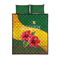 Zimbabwe Flag Map and Red Hibiscus Flowers Quilt Bed Set with African Tribal Pattern