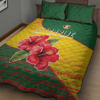 Zimbabwe Flag Map and Red Hibiscus Flowers Quilt Bed Set with African Tribal Pattern