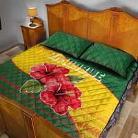 Zimbabwe Flag Map and Red Hibiscus Flowers Quilt Bed Set with African Tribal Pattern