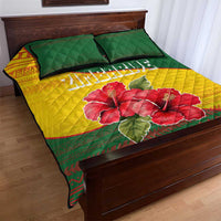 Zimbabwe Flag Map and Red Hibiscus Flowers Quilt Bed Set with African Tribal Pattern
