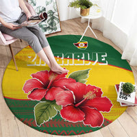 Zimbabwe Flag Map and Red Hibiscus Flowers Round Carpet with African Tribal Pattern