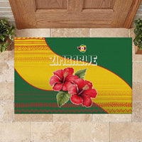 Zimbabwe Flag Map and Red Hibiscus Flowers Rubber Doormat with African Tribal Pattern