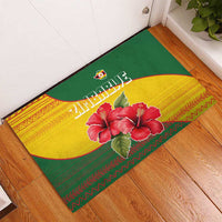 Zimbabwe Flag Map and Red Hibiscus Flowers Rubber Doormat with African Tribal Pattern