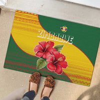Zimbabwe Flag Map and Red Hibiscus Flowers Rubber Doormat with African Tribal Pattern