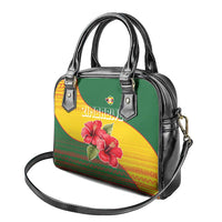 Zimbabwe Flag Map and Red Hibiscus Flowers Shoulder Handbag with African Tribal Pattern