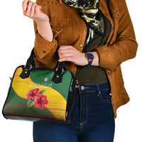 Zimbabwe Flag Map and Red Hibiscus Flowers Shoulder Handbag with African Tribal Pattern