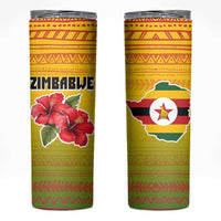 Zimbabwe Flag Map and Red Hibiscus Flowers Skinny Tumbler with African Tribal Pattern