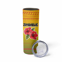 Zimbabwe Flag Map and Red Hibiscus Flowers Skinny Tumbler with African Tribal Pattern
