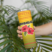 Zimbabwe Flag Map and Red Hibiscus Flowers Skinny Tumbler with African Tribal Pattern