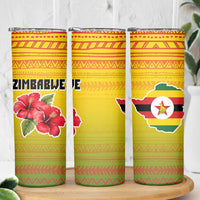 Zimbabwe Flag Map and Red Hibiscus Flowers Skinny Tumbler with African Tribal Pattern