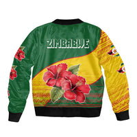 Zimbabwe Flag Map and Red Hibiscus Flowers Sleeve Zip Bomber Jacket with African Tribal Pattern