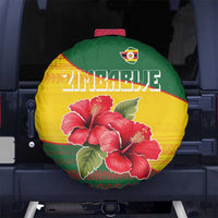 Zimbabwe Flag Map and Red Hibiscus Flowers Spare Tire Cover with African Tribal Pattern