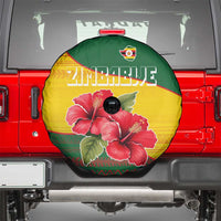 Zimbabwe Flag Map and Red Hibiscus Flowers Spare Tire Cover with African Tribal Pattern