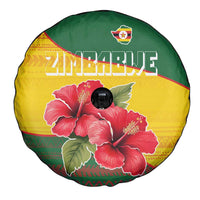 Zimbabwe Flag Map and Red Hibiscus Flowers Spare Tire Cover with African Tribal Pattern