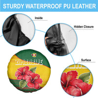 Zimbabwe Flag Map and Red Hibiscus Flowers Spare Tire Cover with African Tribal Pattern