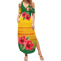 Zimbabwe Flag Map and Red Hibiscus Flowers Summer Maxi Dress with African Tribal Pattern