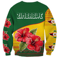 Zimbabwe Flag Map and Red Hibiscus Flowers Sweatshirt with African Tribal Pattern