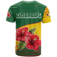 Zimbabwe Flag Map and Red Hibiscus Flowers T Shirt with African Tribal Pattern