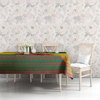 Zimbabwe Flag Map and Red Hibiscus Flowers Tablecloth with African Tribal Pattern