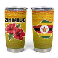 Zimbabwe Flag Map and Red Hibiscus Flowers Tumbler Cup with African Tribal Pattern