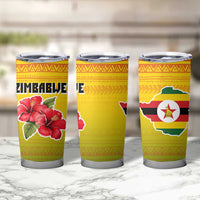 Zimbabwe Flag Map and Red Hibiscus Flowers Tumbler Cup with African Tribal Pattern