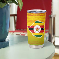 Zimbabwe Flag Map and Red Hibiscus Flowers Tumbler Cup with African Tribal Pattern
