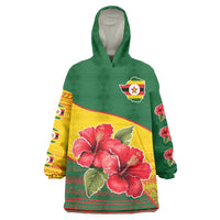 Zimbabwe Flag Map and Red Hibiscus Flowers Wearable Blanket Hoodie with African Tribal Pattern