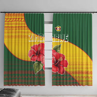 Zimbabwe Flag Map and Red Hibiscus Flowers Window Curtain with African Tribal Pattern