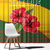Zimbabwe Flag Map and Red Hibiscus Flowers Window Curtain with African Tribal Pattern
