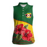Zimbabwe Flag Map and Red Hibiscus Flowers Women Sleeveless Polo Shirt with African Tribal Pattern